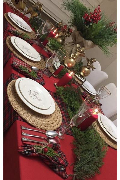 BELMOD New Year's Red Scottish Plaid 3-Piece Runner 40*16cm 6-Piece New Year's Plaid Fabric Napkin 40*40 cm