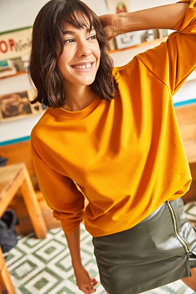 Olalook Kadın Düz Hardal Basic Yumuşak Dokulu Salaş Sweatshirt SWT-19000457