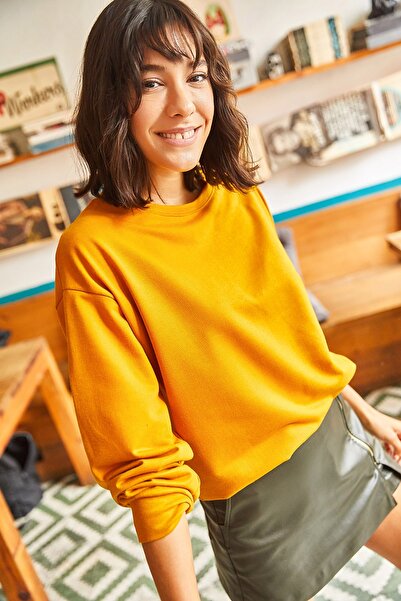 Olalook Kadın Düz Hardal Basic Yumuşak Dokulu Salaş Sweatshirt SWT-19000457