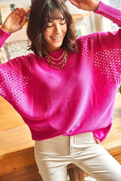 Olalook Γυναικείο πλεκτό πουλόβερ φούξια ανοιχτό μπατ oversize KZK-19000524