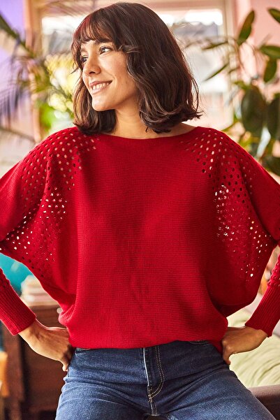 Olalook Női piros, áttört denevér túlméretes kötött pulóver KZK-19000524