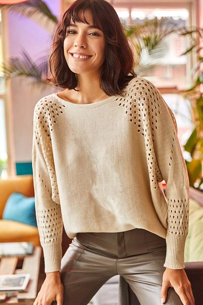 Olalook Pulover oversize din tricot cu liliac curbat în piatră pentru femei KZK-19000524