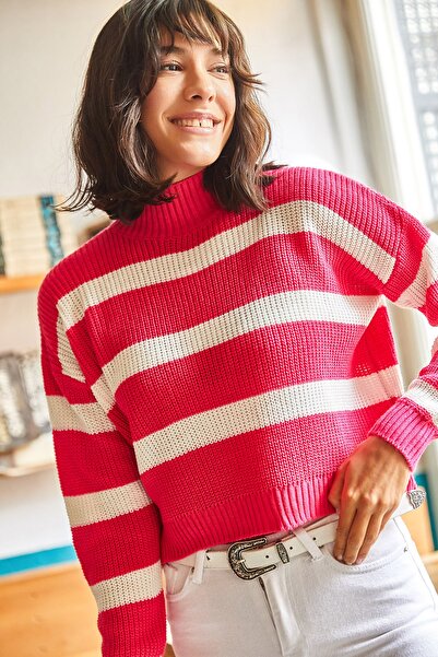 Olalook Pulover de damă în dungi fucsia închis pe jumătate Fisherman Crop KZK-19000402