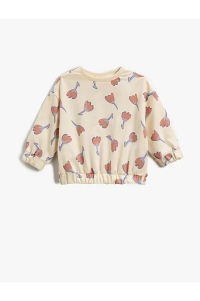 Koton Baby Girl Floral Printed Sweatshirt Long Sleeve Crew Neck Cotton Ribbon
