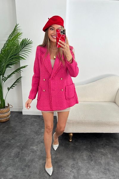 Laluvia Fuchsiafarbene Tweedjacke aus Viskosestoff mit goldenen Knöpfen