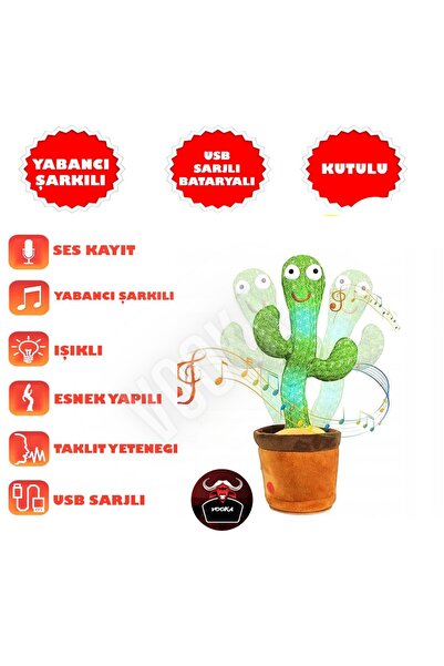 VOOKA Goks Şarjlı Dans Eden Ses Taklit Eden Kaktüs Dans Eden Kaktüs Müzikli Işıklı Peluş A+ Kalite