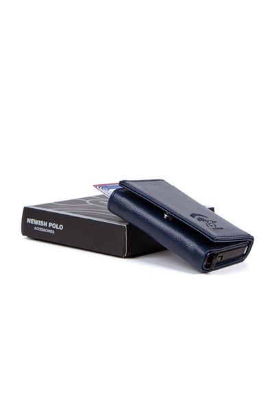 Newish Men's Leather Aluminum Mechanism Sliding Card Holder Wallet with Paper Money Compartment Navy Blue (7,5x10cm)