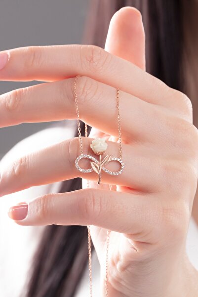 Bilsen Store 925 Ayar Gümüş Zincirli Rose Kaplama Zirkon Taşlı Beyaz Gül Sonsuzluk Model Kolye