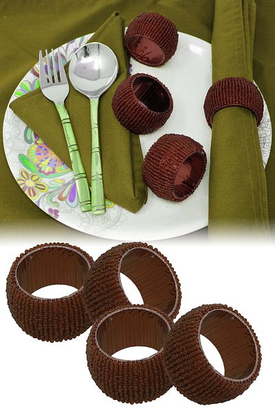 Binbirreyon Beaded Napkin Ring Set 4 Pieces Set Napkin Ring Brown Ra035-2