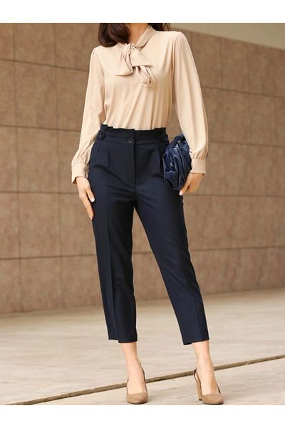 ZARAZA Women's Navy Blue High Waist Epaulet Trousers