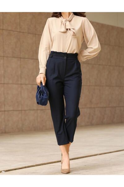 ZARAZA Women's Navy Blue High Waist Epaulet Trousers