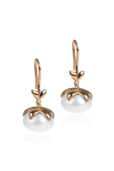 Aşina Gümüş Özel Tasarım Yassı Inci Gümüş Küpe Rose Kaplama 925 Ayar Gümüş El Işçiliği Sevgiliye Hediye