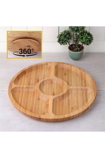 Ün-Ev Bambo 5 Compartment Rotating Medium Round Snack Bowl Breakfast Tray