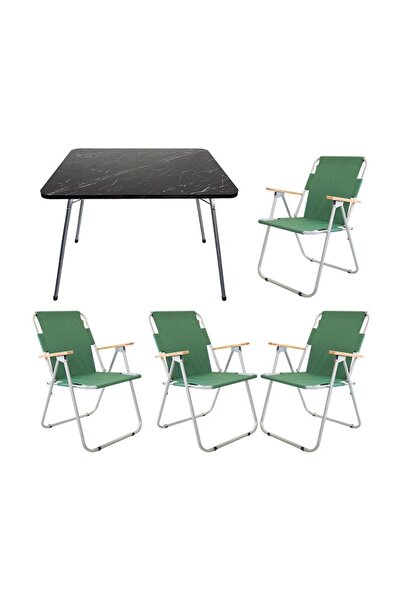 Bofigo 60x80 Granit Katlanır Masa + 4 Adet Katlanır Yeşil Sandalye Kamp Seti Bahçe Balkon Takımı