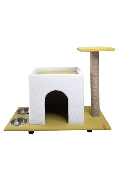 PUGALO Yellow Catnip Beded Cat House Stainless Food Water Containers