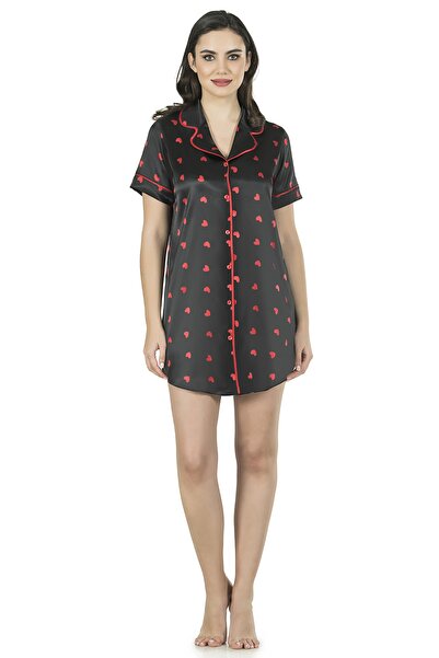 Fabienne Kalpli Saten Siyah Kırmızı Gecelik Sabahlık Gömlek Sevgililer Günü P...