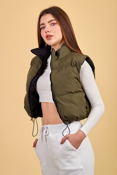ladyzey Women's Khaki Black Double-Sided Short Puffer Vest with Drawstrable Bottom