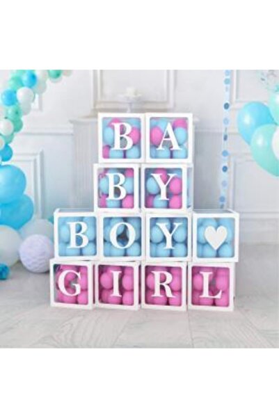 kidspartim Şeffaf Kutu Baby Gırl Boy Yazılı Harf Beyaz 30 Mavi 30 Pembe Balon...