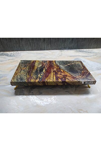 MR MERMER MUTFAK Rain Forest Green Mermer Sunum & Servis Tabağı - Altın Ayaklı (15X30CM)