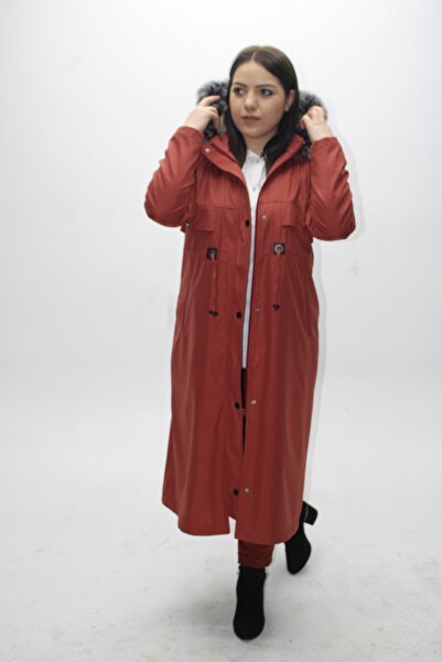 KMKkombin Bayan Içi Kürklü Kapşonu Kürklü Kiremit Su Gecirmez Uzun Tesettür M...