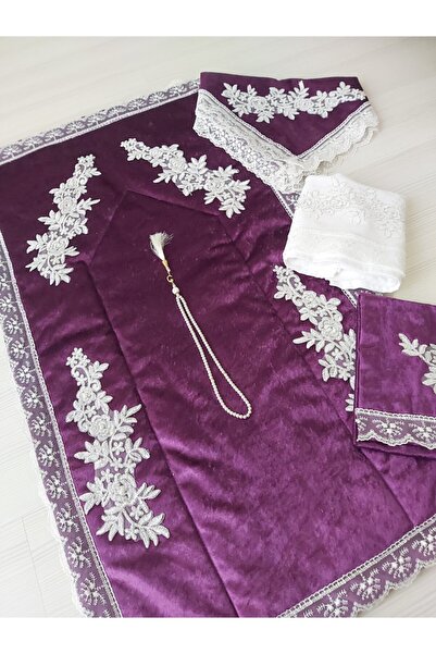 Lamazihome Mürdüm Fransız Dantelli Kadife Seccade Takımı 5 Parça Çeyizlik Boh...