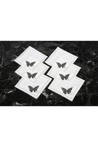 CASANUOVA 6-Piece Cocktail Napkin with Mariposa Embroidered Linen Effect (Cream Silvery)