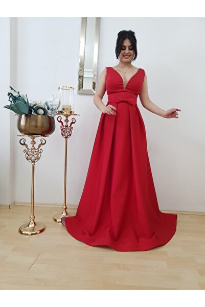 FERGAN Kadın Kırmızı Saten Nişanlık Abiye Elbise