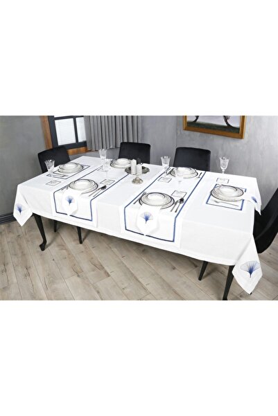 caka home design 17 Piece Tablecloth Set Iris Embroidered Linen Effect ( Navy...