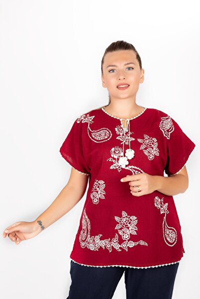 Kardelen Butik Ümraniye Kadın Bordo  Şile Bezi Kısa Kollu  Bluz