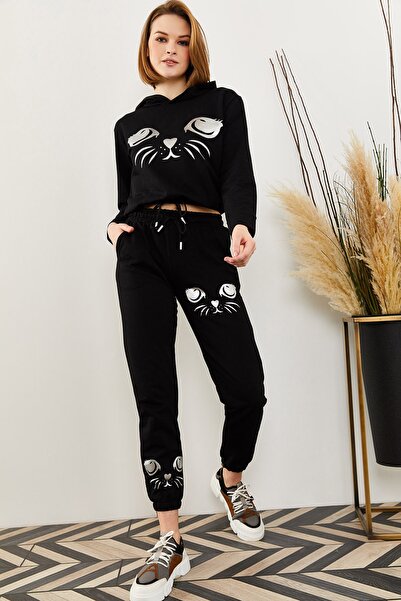 Olalook Kadın Siyah Kedili Üst Büzgülü Eşofman Takımı ETKM-0000033