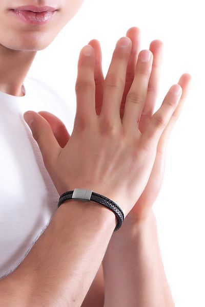 LABALABA Men's Black Steel Closure Combination Leather Bracelet