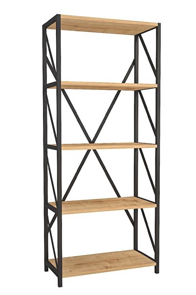 Evnalia Ofis Çalışma Odası Endüstriyel Metal Kitaplık Ahşap Atlantik Çam 5 Raflı