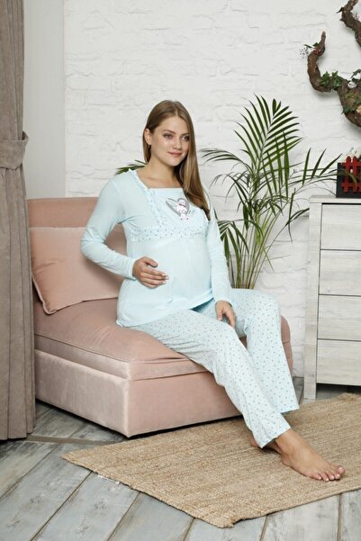 BOYRAZ Kadın Mavi Hamile Pijama Takımı Emzirmeli Uzun Kol Takım 7102