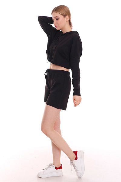 DISENTIS MODEST Black Crop Sweatshirt - Hooded and Lacing Detail
