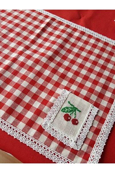 ZEYHOME DESIGN 2'li El Işi Kiraz Işlemeli Dantelli Dertsiz Kırmızı Kareli Ame...