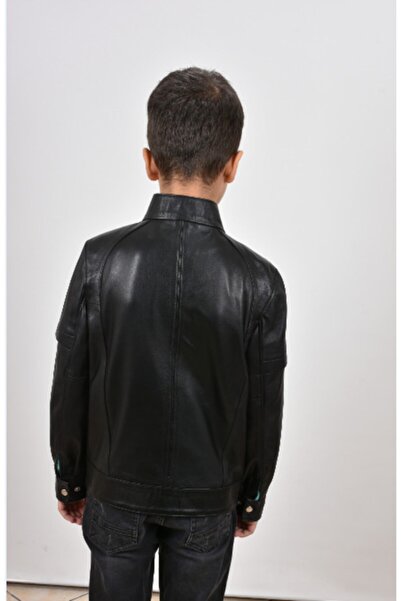 KÜTONNİ PELLE Erkek Çocuk Siyah Hakim Yaka Hakiki Deri Mont