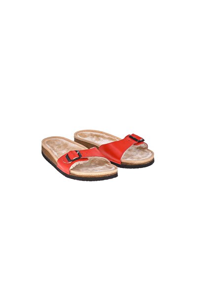 Moosefield Red Genuine Leather Furry Women's Slippers