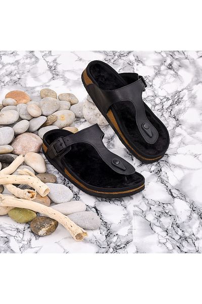 Moosefield Black Genuine Leather Furry Slippers