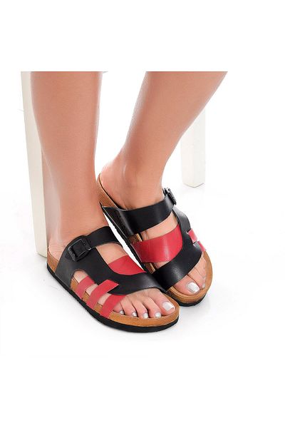 Moosefield Genuine Leather Black Red Women's Slippers