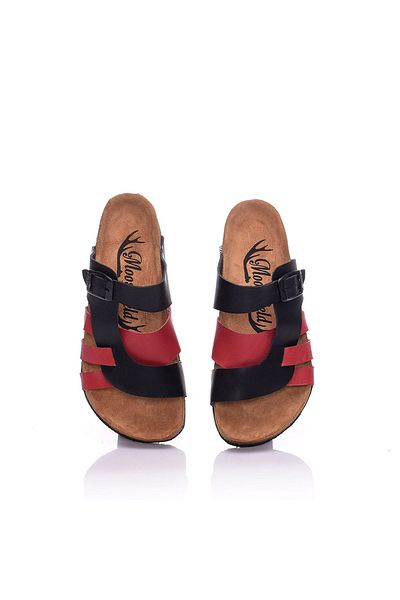 Moosefield Genuine Leather Black Red Women's Slippers