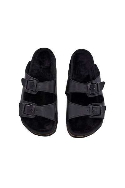 Moosefield Women's Black Genuine Leather Furry Slippers