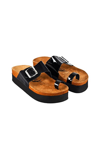 Moosefield Women's Genuine Leather Black Slippers