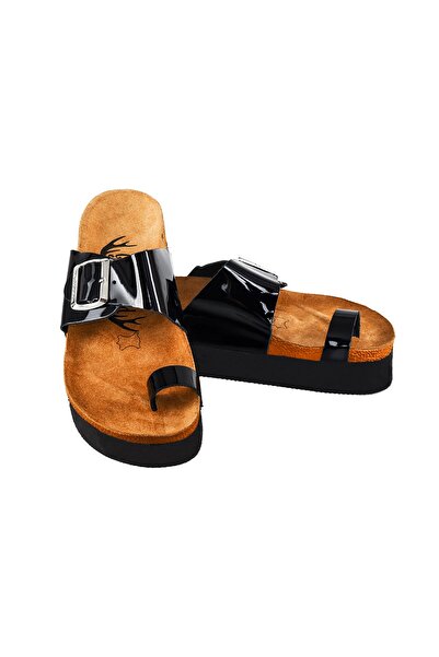 Moosefield Women's Genuine Leather Black Slippers