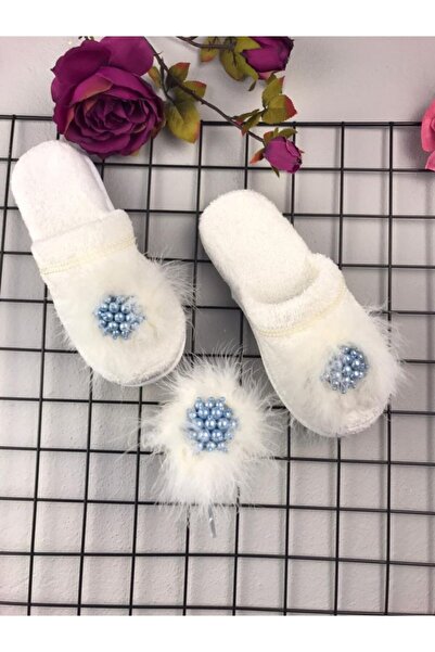 SÜSLÜTASARIM Tüylü Incili Lohusa Terlik Taç Set 1083 – Lohusa Seti – Lohusa Seti