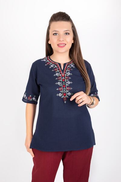 Kardelen Butik Ümraniye Kadın Lacivert Şile Bezi Kısa Kollu Nakışlı Bluz