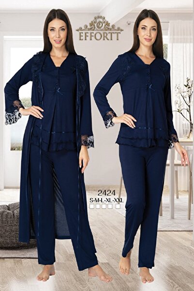 DANİSKA Effort Women's Navy Blue Long Sleeve Maternity Pajama Set Dressing Gown 2424