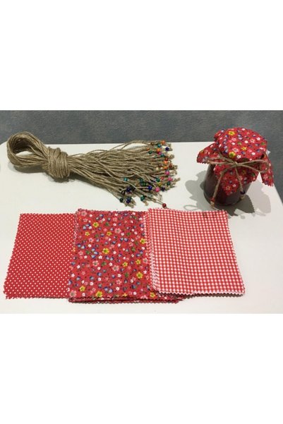 El Emeği 50 Pieces Mixed Red Jar Lid Fabric (Cover) for 370 Cc Jar and Beaded Binding Rope