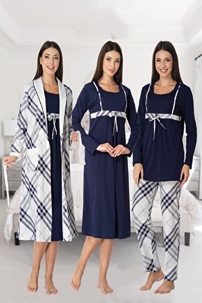kaktüslohusa Effort Women's Navy Blue Checkered Long Sleeve Pajama Set Nightg...