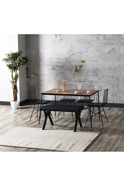 AVVİO 80x120 Home Asel Akçaağaç Görünümlü Metal Ayaklı Mutfak Masası Ve Bench...