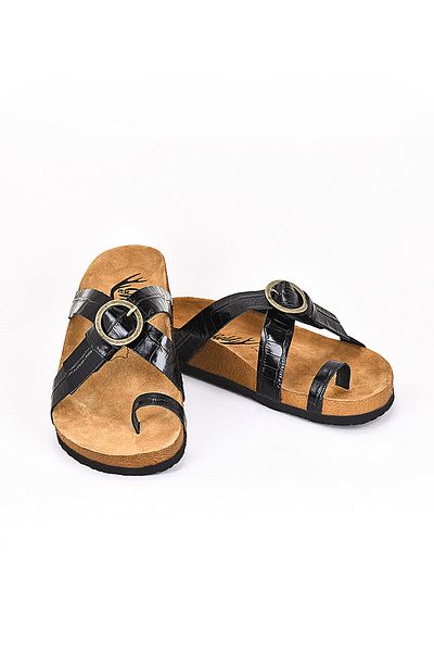 Moosefield Black Genuine Leather Men's Slippers